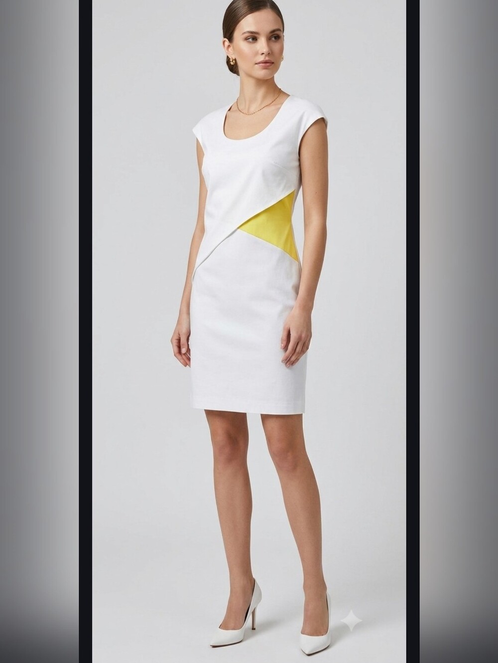 Piazza Sempione Color Block Overlay White Yellow Cotton Sheath Dress IT 40 US 4